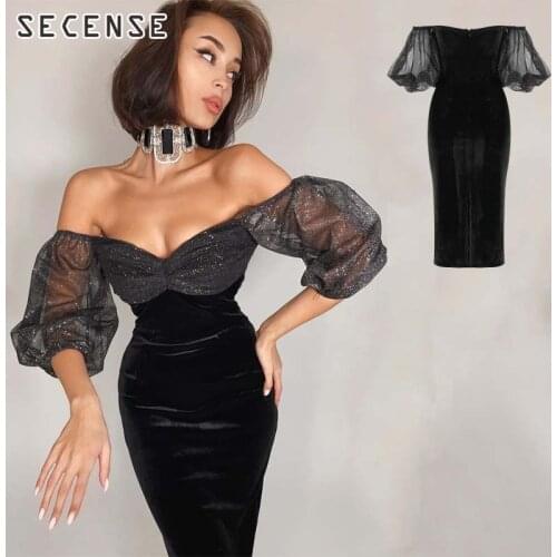 Womens Dresses Sexy Off Shoulder Sparkle Voile Splcing Design Puff Sleeves Celebrity Party Dress Velvet Chic Blouses SECENSE