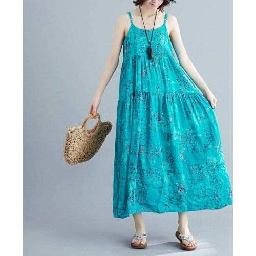 2020 Women Blue Beach Sling Loose Dress Cotton Linen Floral Printed Off Shoulder Casual Holiday Female Suspender Dress B283
