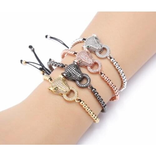 Gold silver micro pave cz Cubic Zirconia rope adjusted Copper Beads Bracelet Leopard head jrth3 Charm Braided Bangles Women