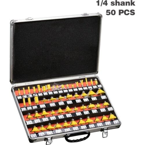 50pcs/set 1/4 Shank Tungsten Carbide Wood Cutter Router Bit Set Woodworking Trimming Engraving Carving Cutting Tools