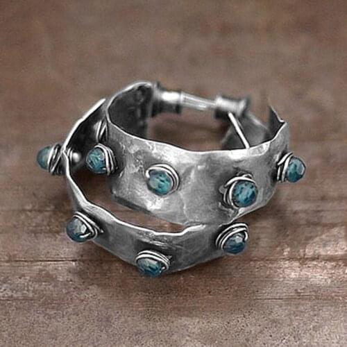 Big Retro Turquoises Stud Earrings Vintage Curved Antique Silver Color Ethnic Women Hoop Earrings Female Bihemia Jewelry Huggie