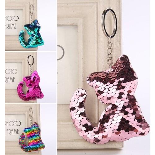 1PCS Kitten Animal Key chain Glitter Pompom Sequins Key Chain Gifts For Women Car Bag Accessories Key Ring Jewelry