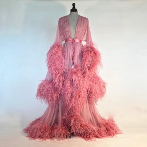 Bathrobe for Women Pink Feather Full Length Lingerie Nightgown Pajamas Sleepwear Womens Luxury Gowns Housecoat Nightwear