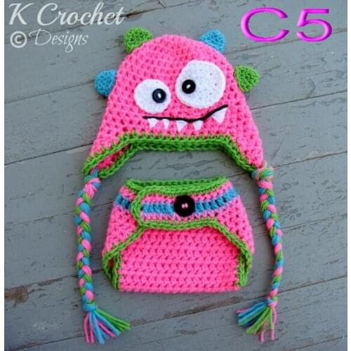 Free shipping,Baby pink monster crochet diaper cover and hat sets Photography prop,100% handmade