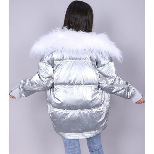 2020 duck down jacket Lambswool collar wool white duck down jacket womens jacket winter loose black silver shiny surface