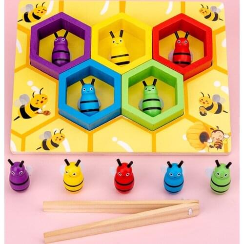 Hot Wooden Leaning Educatinal Toys Childhood Color Cognitive Clip Small Bee Toy Children Montessori Early Education Beehive Game