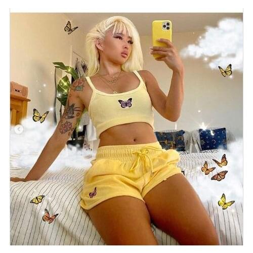 Fashion Two Pieces Sets for Women Girls Butterfly Print Sport Suits Summer Female Strappy Camis Crop Tops+Lace-up Shorts Outfits