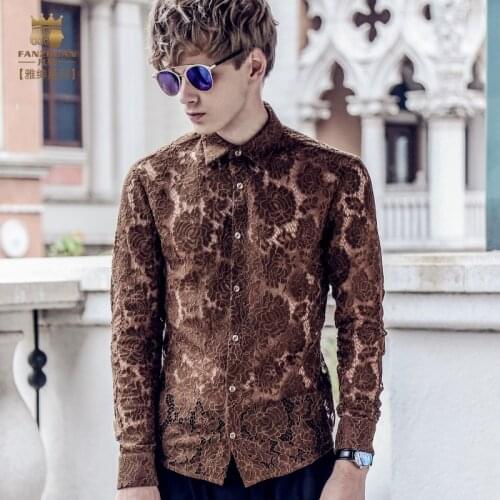 FanZhuan Free Shipping New mens man fashion 2017 casual male long sleeved slim shirt 712081 blouse Lace Perspective Hollow