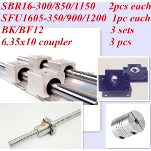 CNC parts set: 2pcs of each SBR16-300/850/1150MM and 3 pcs of SFU1605-350/900/1200MM and 3 pcs of BK/BF12 and couplers for cnc