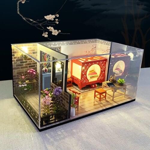 DIY Wooden Doll House Kits Miniatures with Furniture Flowers Chinese Room Villa Dollhouse Assembled Toys for Adults Xmas Gifts