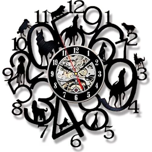 Dogs Vinyl Record Wall Clock Silent Puppy Wall Clocks For Living Room Decor Battery Operated Non Ticking LED Night Light Gift