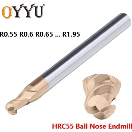 OYYU Decimal Point Tungsten Steel Ball Nose End Mills Router Bit HRC55 2 Flutes Milling Cutter Carbide Endmill R0.55 R0.6 R0.65