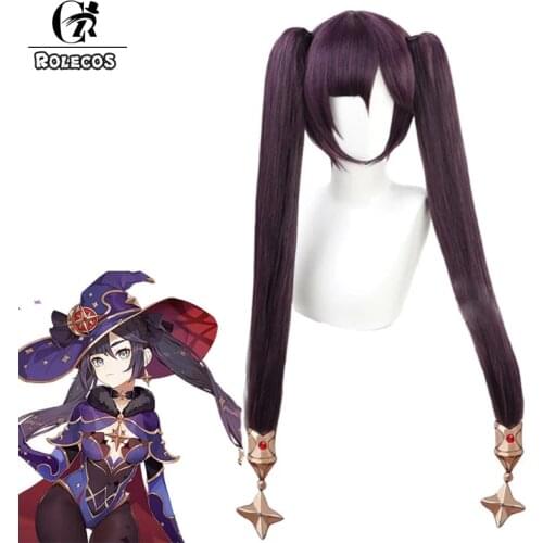 ROLECOS Game Genshin Impact Mona Cosplay Wig Mona Cosplay Long Purple Wigs with Bangs Ponytails Heat Resistant Synthetic Hair