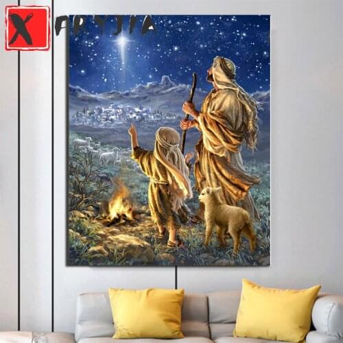 Full square diamond painting Father took his child and a lamb to watch the aurora again round diamond mosaic painting decoration