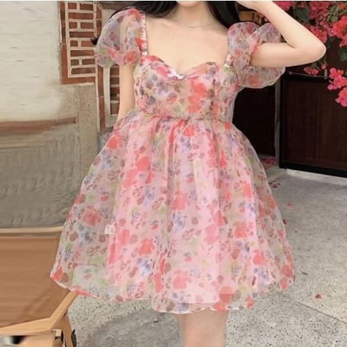 Plus Size Womens French Puff Sleeve Square Floral Dress Princess A-line dress Straight Bohemian Lace Lantern Sleeve