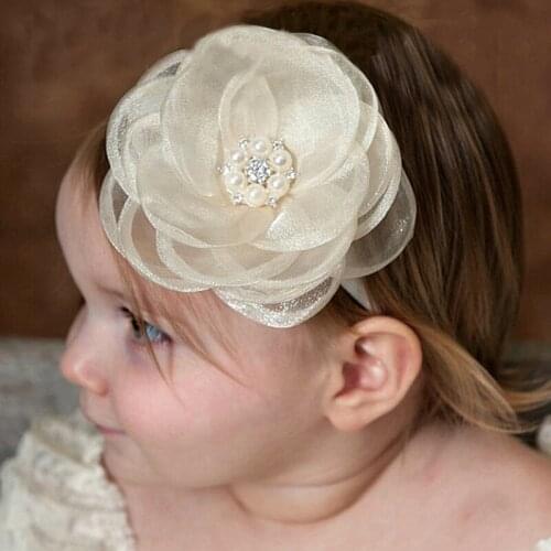 Flower Baby Headband Nylon Head Bands For Girls Pearl Lace Hair Accessories Beige Infant Princess Hairband Newborn Photo Props
