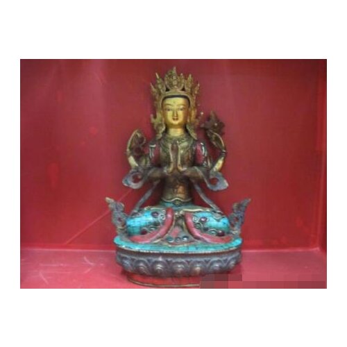 S03098 100% Bronze Mosaic Turquoise Coral Four Arms Chenrezig Kwan-Yin Buddha statue