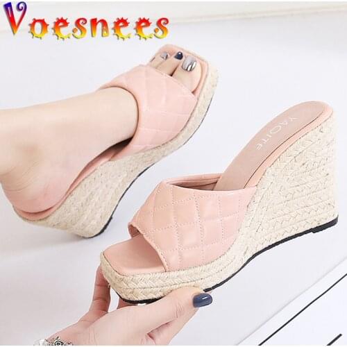 Candy Fresh Color Summer Sandals Vintage Square Head Slippers Hemp Rope Straw Bottom Womens Shoes Platform Wedges High Heels