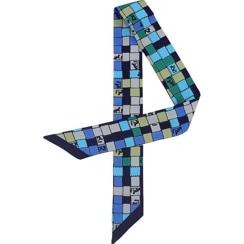 Twill Silk Scarf Women Design Fashion Head Scarves Vintage Plaid Print Ties Brand Handle Bag Ribbons Summer Small Long Scarves