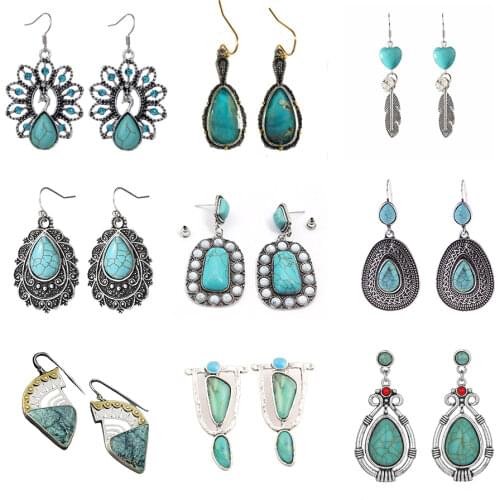 Bohemian Natural Green Blue Stone Earrings for Women Vintage Turquoises Dangle Earrings Jewelry New Tibetan Indian