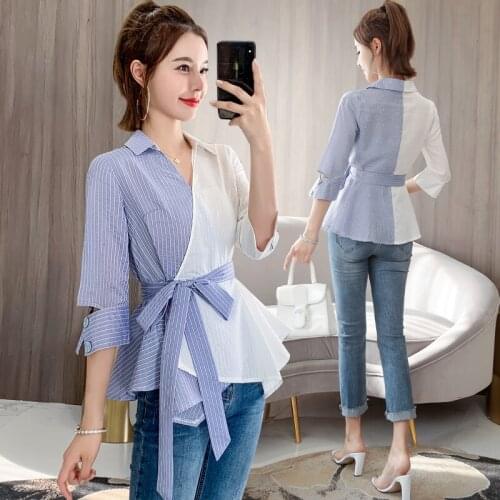 Spring Summer Casual Irregular Sashes Tied Waist V-neck Blouse Popular Striped Shirt Top