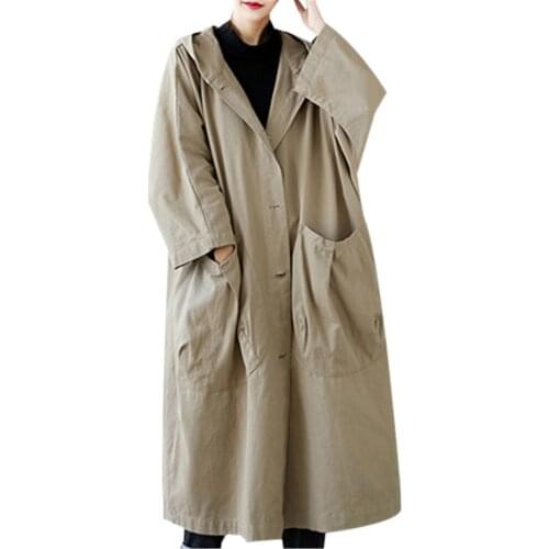 Spring Autumn New Arrivals Womens Windbreaker Vintage Casual Female Long Outerwear Hooded Loose Oversize Middle Lady Long Coats