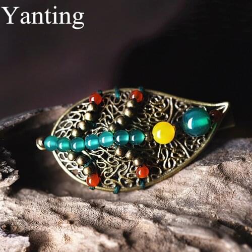 Yanting Vintage Copper Alloy Leaf Style Hair Clip Women Hair Pins Ornaments Colorful Natural Stone Claw Handmade Clips Girl 065