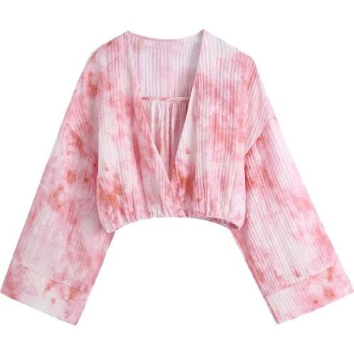 2021 New Women Fashion Tie-dye Print Cropped Blouses Vintage Long Sleeve Elastic Hem Female Shirts Blusas Chic Tops