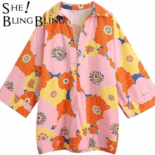 SheBlingBling Vintage Print Women Long Blouses Casual Holiday Loose Tops Summer V Neck Three Quarter Sleeve Female Pullovers