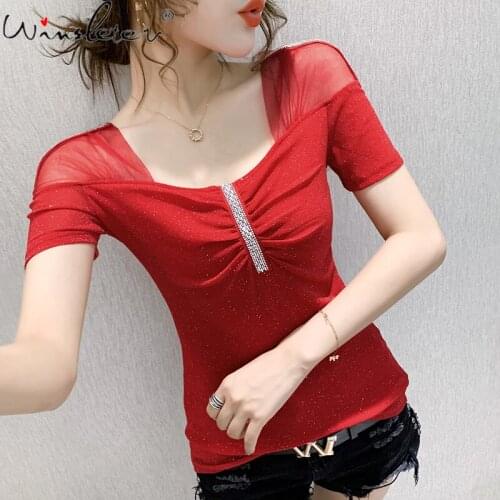 Summer European Style T-Shirt Fashion Shiny Diamonds Drape Women Tops Patchwork Mesh Bottoming Shirt Slim Tees New 2021 T14412A