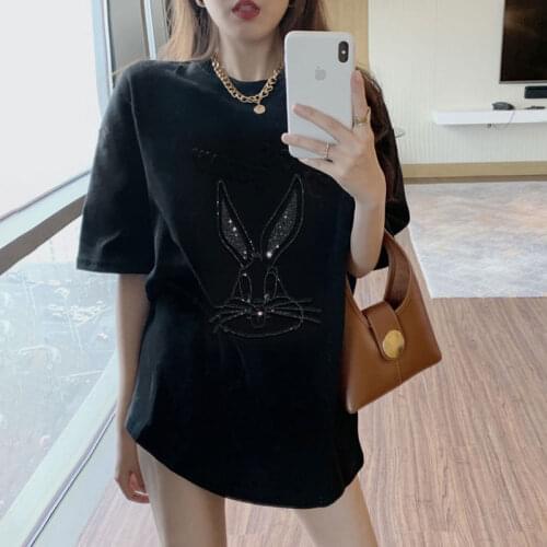 Футболка оверсайз2021 Summer Pink Women Clothes All-Match T Shirt Cute Rabbit Print Short Sleeved Femine Round Neck Tees Tops