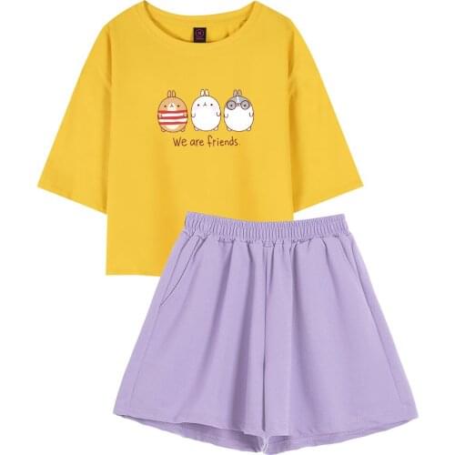 Women Cotton Harajuku Purple and Yellow Crop Tops Cartoon Graphic T Shirt Y2k Clothes Shorts for Teenager Girls Two Piece Suits