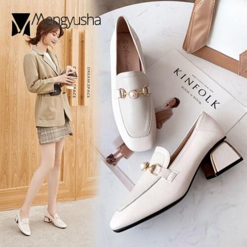 Pearl Metal buckle pumps woman slip on square toe mary janes shoes female soft pu leather thick med-high heels shoes women 2020