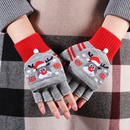 Women Gloves Winter Half Finger Flip Christmas Lady Cute Youth Warm Knitting Wool Students Writing Game Fingerless Mittens
