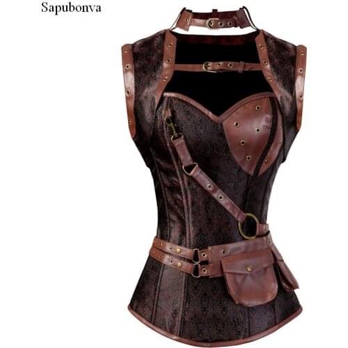 Sapubonva steampunk clothing women plus size corset bustier vintage pu leather corset steampunk outerwear corselet overbust