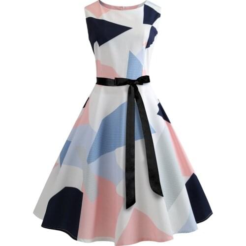 Women Summer Sleeveless Floral Print Midi Dress O Neck Retro Vintage Vestidos Robe Rockabilly Party Plus Size