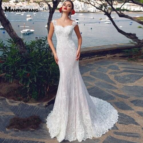 Luxury Cap Sleeve Court Train Embroidery Appliques Tulle Mermaid Wedding Dress Custom Made O-Neck Button Back Bridal Gown