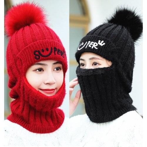 Winter Girl Child Thick Warm Knitted Beanie Womens Letter Embroidery Cotton Pom pom Knitting Skullies Cap Neck Warm Balaclava