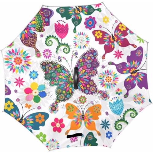 Butterfly Reverse Umbrella Women Double Layer Umbrellas C-Hook Handle Car Umbrella Windproof Waterproof Useful