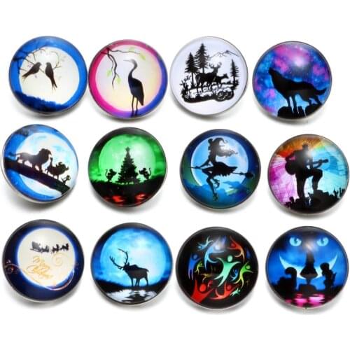 12pcs/Lot Under the Moonlight Pattern Glass Charm 18mm Snap Button Jewelry For 18mm Snaps Bracelet Snap Jewelry KZ0522