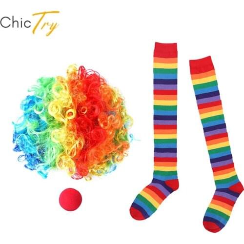 Rainbow Clown Accessories Striped Knee High Sock Costume Wig Red Sponge Nose Set Fun Party Cosplay Performance Show Holiday Gift