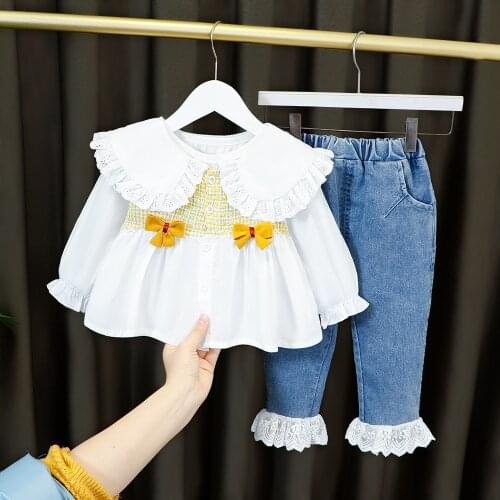 Kids Clothing Suits For Girls Autumn Spring 2021 Cute Princess Suit Bow Denim Pants Girl Baby Suit Casual Clothes 1 to 4 Years