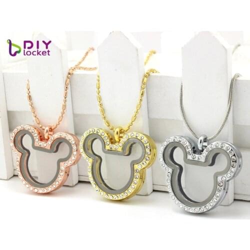 Diylocket1PC Mickey Living Pendant Rhinestone magnetic glass floating charm locket Necklace Alloy With Free Chain