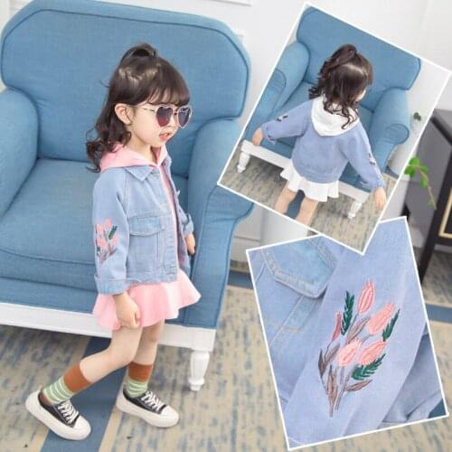 Spring Autumn Girls Denim Jackets Hoodies 2pcs Clothing Sets 2-7Y Children Embroidered Denim Jacket Hooded Dress Outfits