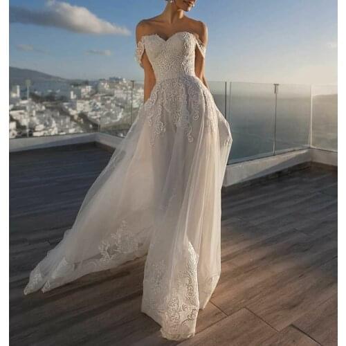 Elegant Long Off Shoulder Lace Wedding Dresses A-Line Lace Up Back Tulle Robes De Mariée Bridal Gown For Women