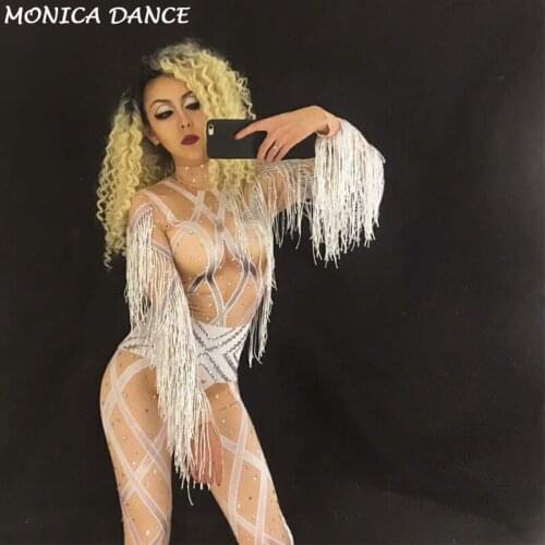 Custom White Tassel Sexy Sparkling Crystals Jumpsuit Bling Women Costume Nightclub Birthday Party Performance Stage Wear Costume