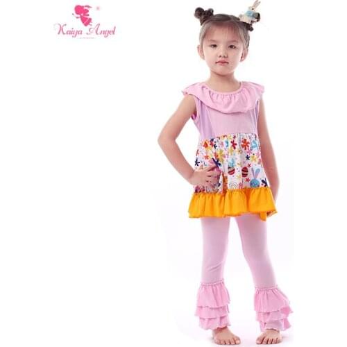 Kaiya Angel Wholesale Happy Easter Baby Bunny Egg Girl Shirt and Ruffled Pants Sets Spring Autumn Children Boutique Clothes