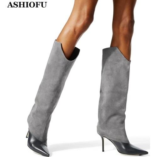 ASHIOFU Handmade Classic Womens High Heel Boots Pointed-toe Sexy Club Party Prom Knee-high Boots Evening Fashion Winter Boots