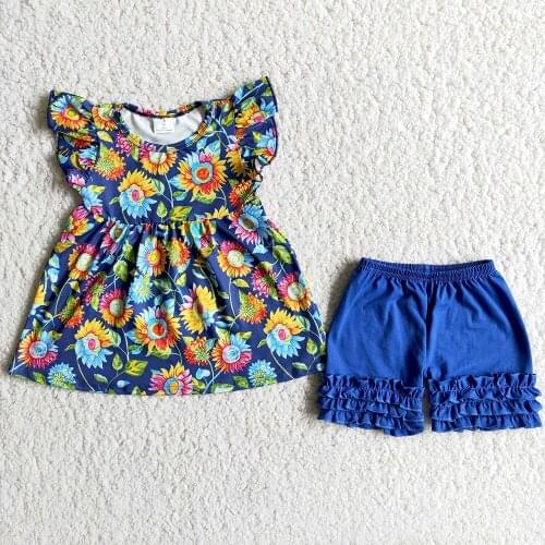 Fashion flower outfits girls summer flying sleeve O neck t shirt and blue ruffle elastic shorts pieces set girl sunflower outfit