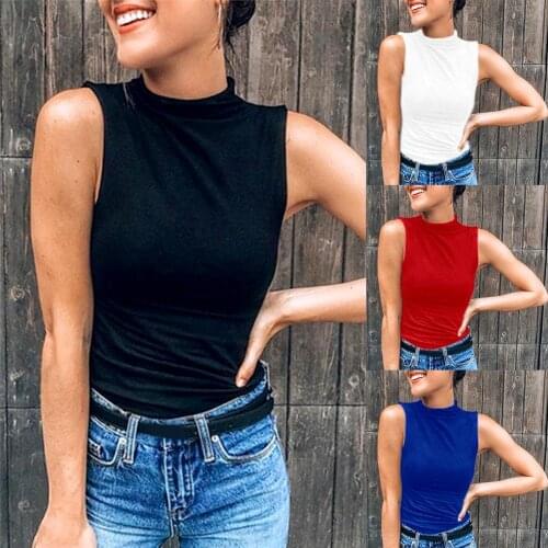 2020 New High Quality Summer Autumn Women Mock Neck Top Turtleneck Sleeveless T-shirt Slim Knitted Vest Female basic vest shirt
